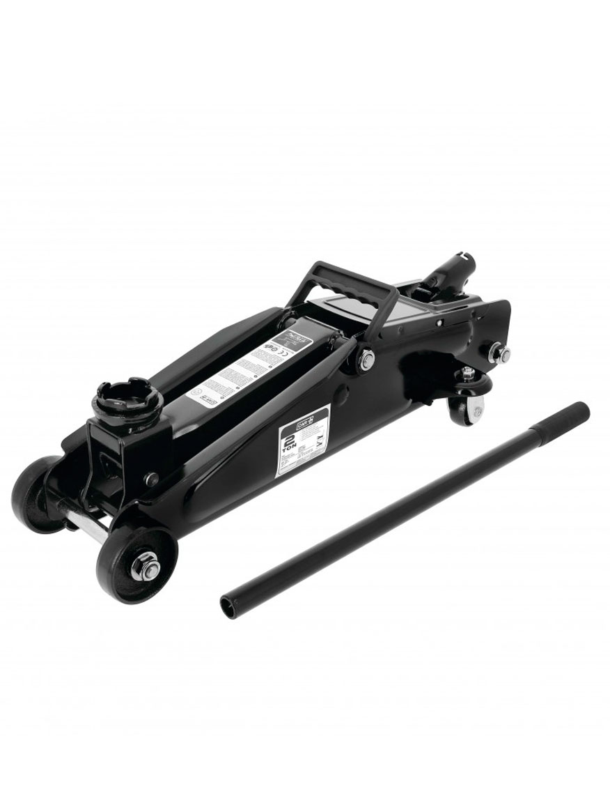 Cric hydraulique noir sur fond blanc.