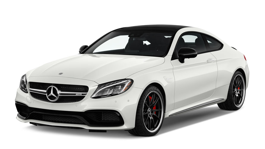 Mercedes blanche coupé, moderne, luxe, profil droit.