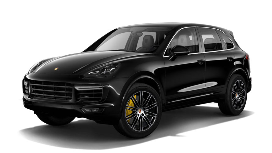 SUV noir Porsche de luxe sur fond blanc.