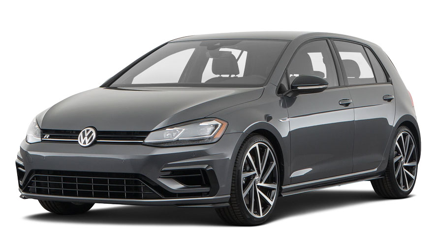 Volkswagen Golf grise moderne sur fond blanc.