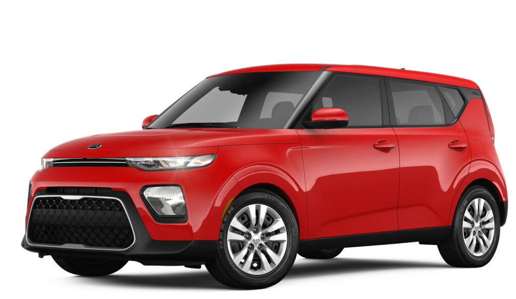 Voiture rouge Kia profil côté.