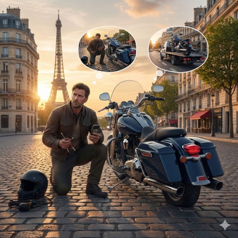 un motard qui a crevé sa roue de moto et qui se demande soit de réparer sur place ou appeler direct pour un remorquage,