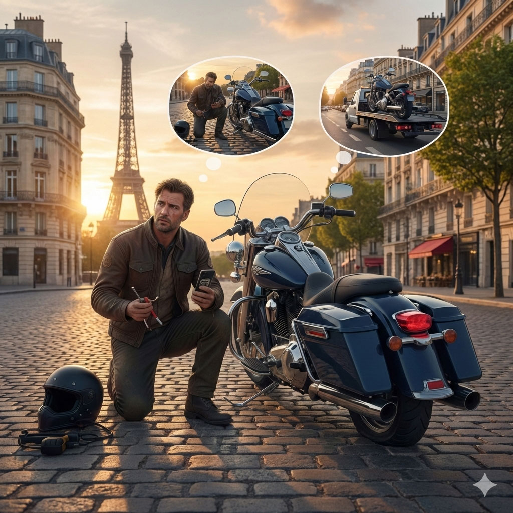 un motard qui a crevé sa roue de moto et qui se demande soit de réparer sur place ou appeler direct pour un remorquage,